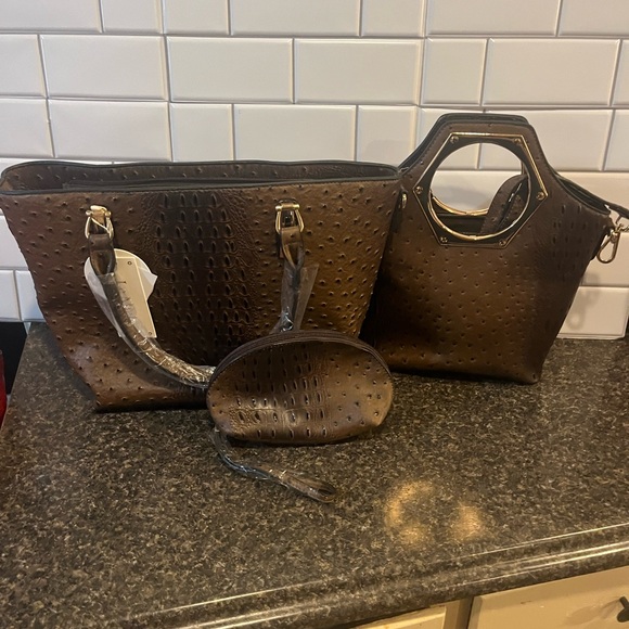 3 Piece Brown Faux Ostrich Handbag Set | Tote + Satchel + Wristlet - Picture 1 of 3